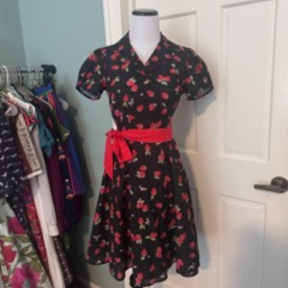 Unique Vintage Black & Strawberries Wrap Dress